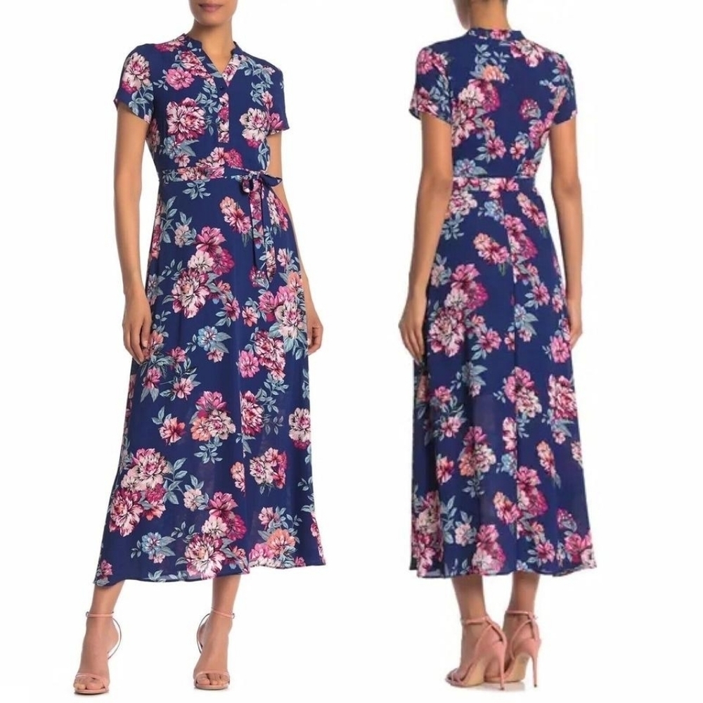 Nanette Lepore Navy Floral Tie Waist Maxi Dress Women's 4 Blue/Pink